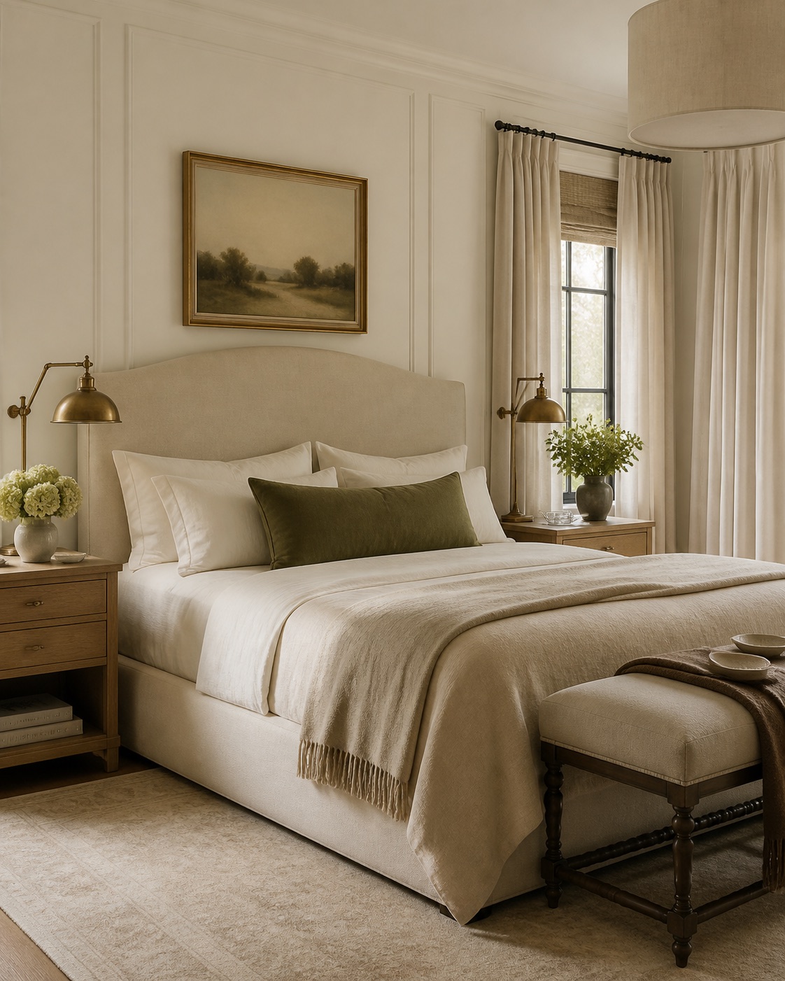 Serene bedroom with upholstered bed, layered linen bedding, brass lamps, and muted olive accent pillow.