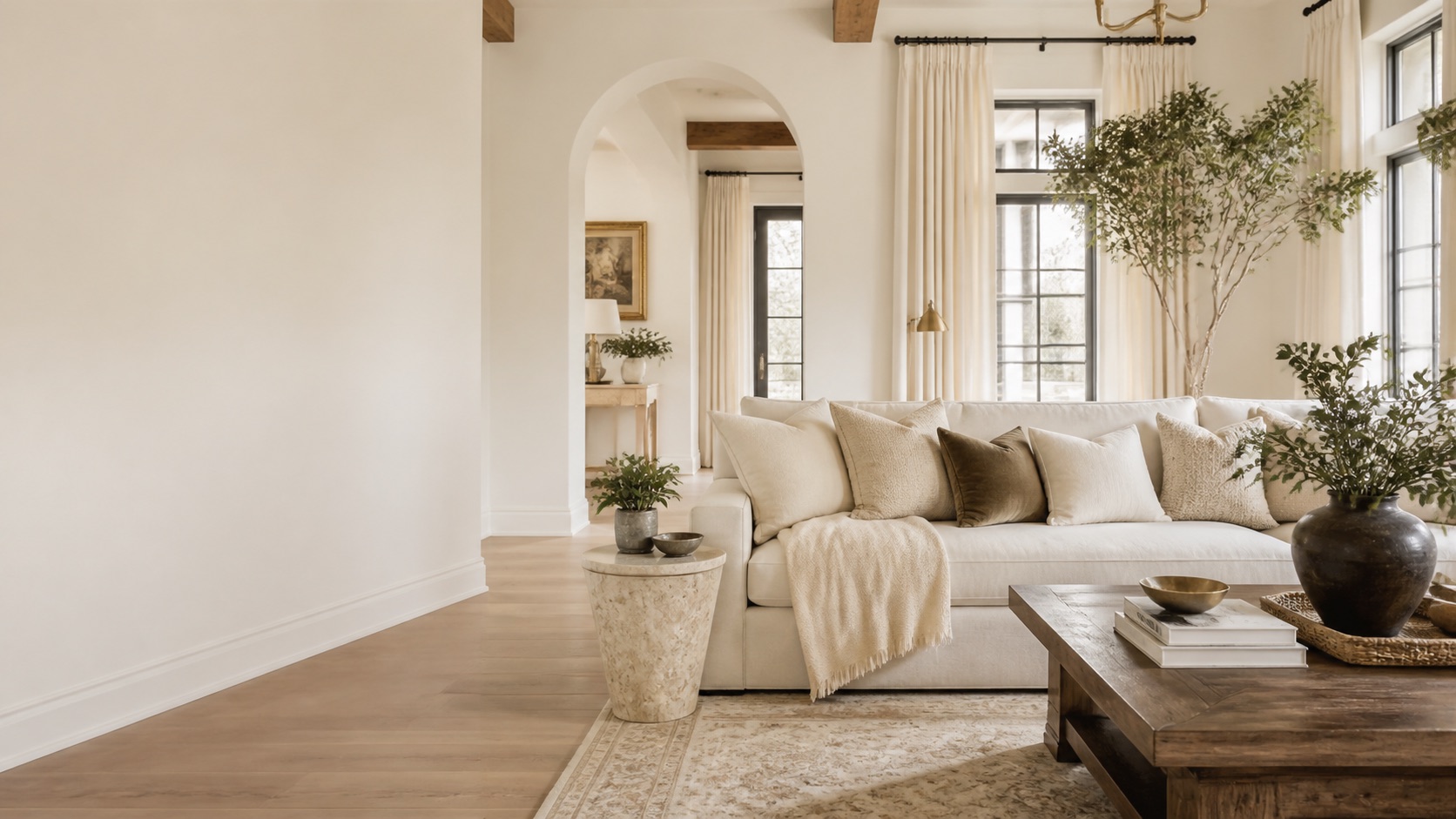 Bright classic living room with layered upholstery, oak floors, greenery, and warm natural light.