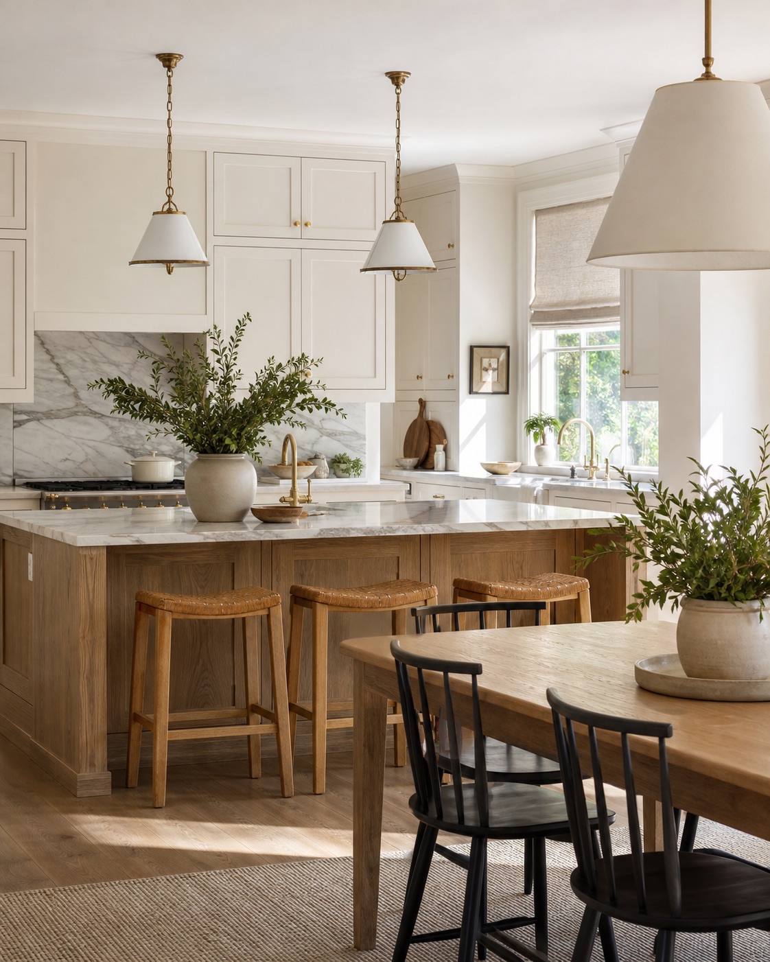 Warm classic kitchen with stone counters, oak island, brass fixtures, and dining seating.
