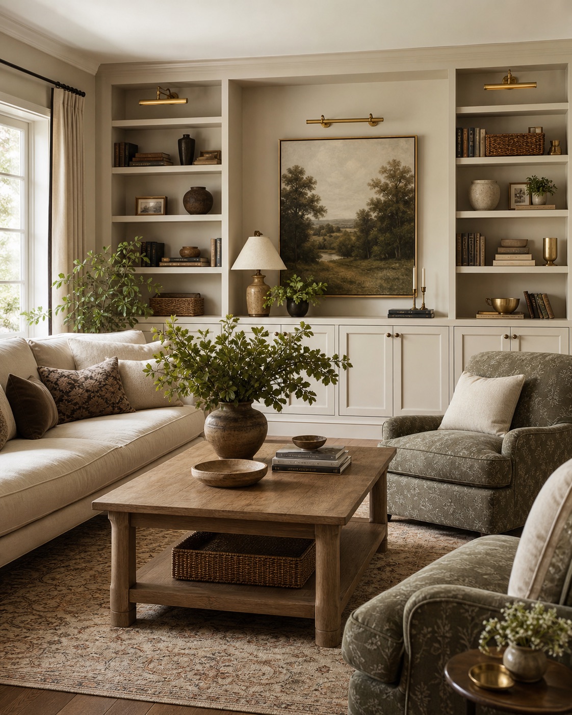 Warm living room with built-ins, layered seating, antique brass picture lights, and greenery.