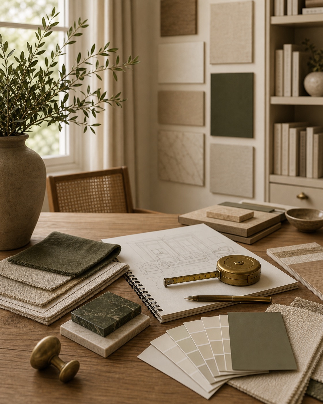Design studio desk with fabric swatches, stone samples, paint colors, and sketches.