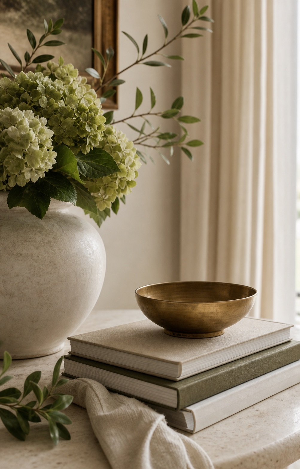 Classic interior styling vignette with hydrangeas, stacked books, brass bowl, and linen texture.